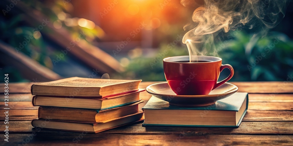 Cozy Coffee Break: A steaming cup of coffee rests atop a stack of books on a rustic wooden table. Cozy Coffee Break: A steaming cup of coffee rests atop a stack of books on a rustic wooden table.