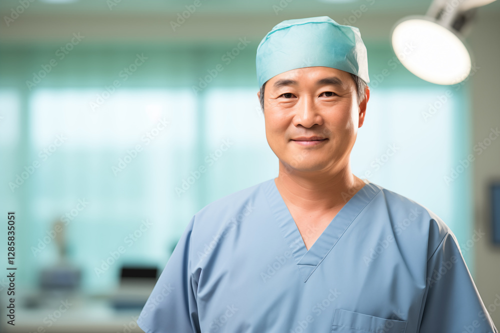 Confident asian man surgeon standing in a modern, sterile operating room filled with advanced equipment