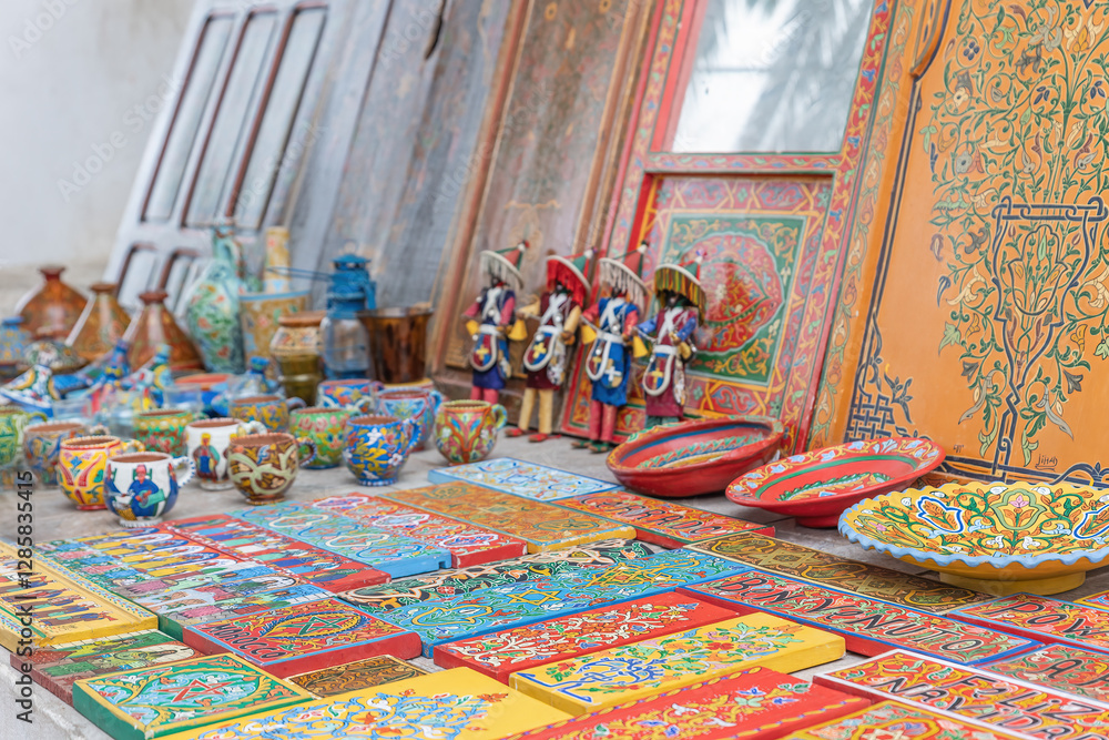 Fototapeta premium Closeup view of souvenirs on display for tourists. Rabat. Morocco. Horizontally. 