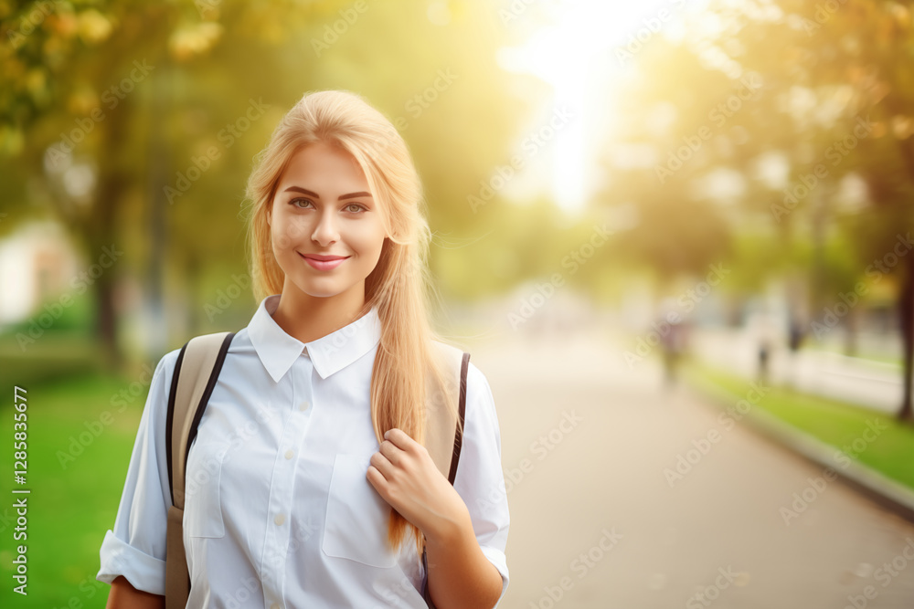 Happy student walking through a park on a sunny autumn day, enjoying the vibrant colors of nature and the warmth of golden hour Happy student walking through a park on a sunny autumn day, enjoying the vibrant colors of nature and the warmth of golden hour