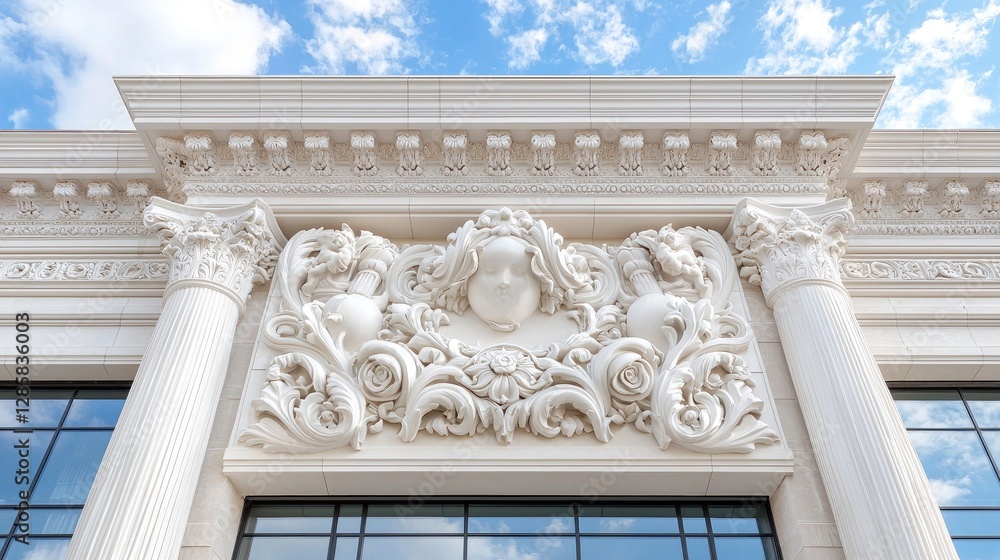 Obraz premium Ornate building facade detail, cherub relief, sunny day, architectural design