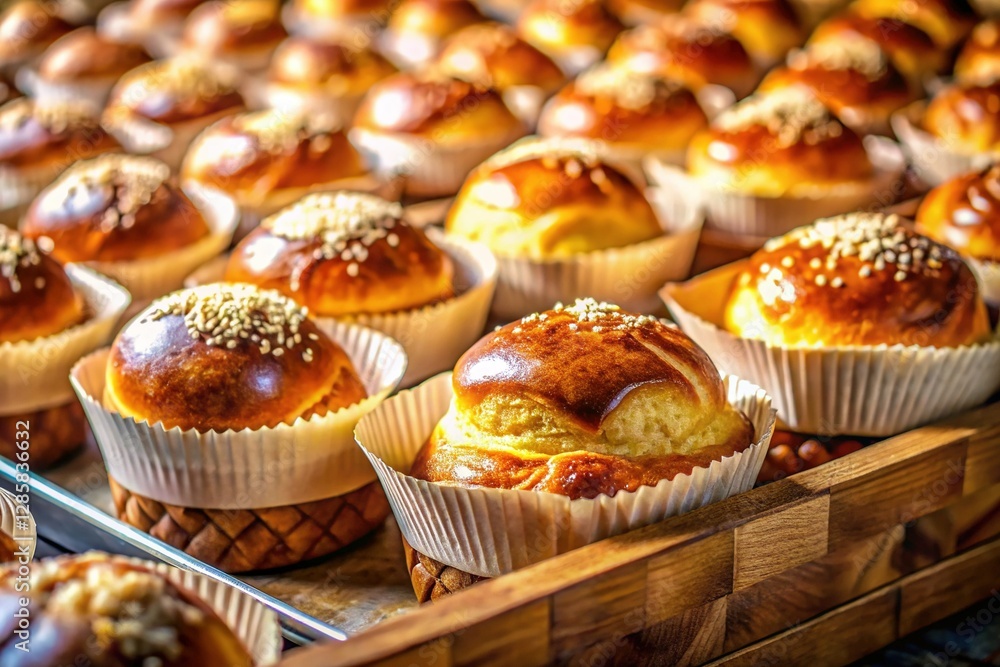 Delicious Golden Brioche Buns in Paper Liners, French Patisserie Display Delicious Golden Brioche Buns in Paper Liners, French Patisserie Display