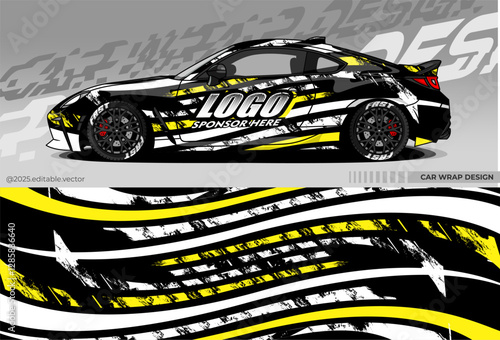 Car seat cover design for sports cars. Black, white and yellow with dynamic striped pattern and broken texture. Gives aggressive and sporty look to the car, suitable for racing or promotion purposes.