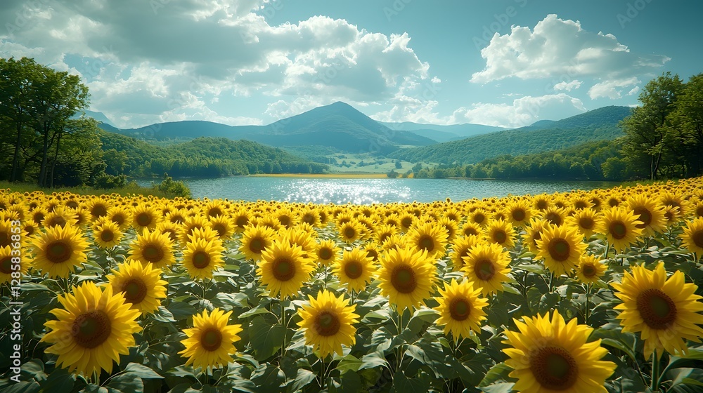 Fototapeta premium Vibrant Sunflower Field Under Majestic Mountain Skyline Landscape