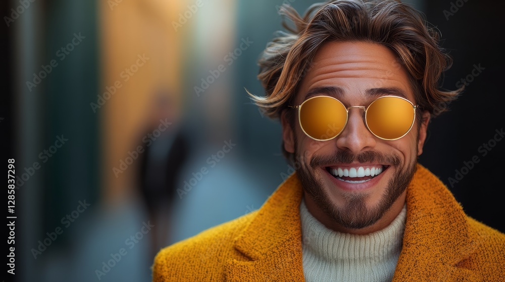 Man wearing a yellow coat and sunglasses is smiling. He is wearing a gold rimmed pair of sunglasses Man wearing a yellow coat and sunglasses is smiling. He is wearing a gold rimmed pair of sunglasses