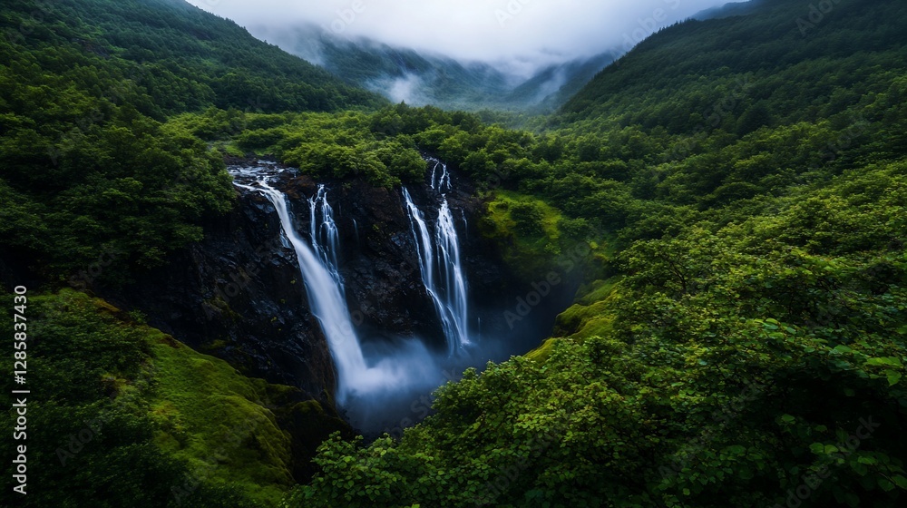 Fototapeta premium Majestic Waterfall Cascading Through Lush Green Mountains