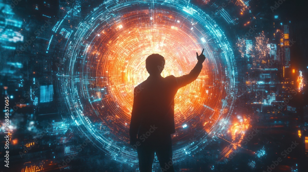 Man interacts with digital data sphere Man interacts with digital data sphere