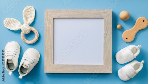 adorable baby announcement mockup featuring a blank frame, tiny shoes, and cute wooden toys. perfect for showcasing your designs or creating announcements!