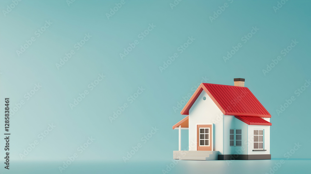 A minimalist model of a house with a red roof set against a soft blue background A minimalist model of a house with a red roof set against a soft blue background