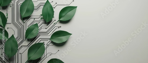 A blend of nature and technology, this image features green leaves intertwined with a circuit board design, symbolizing eco-friendly innovation.