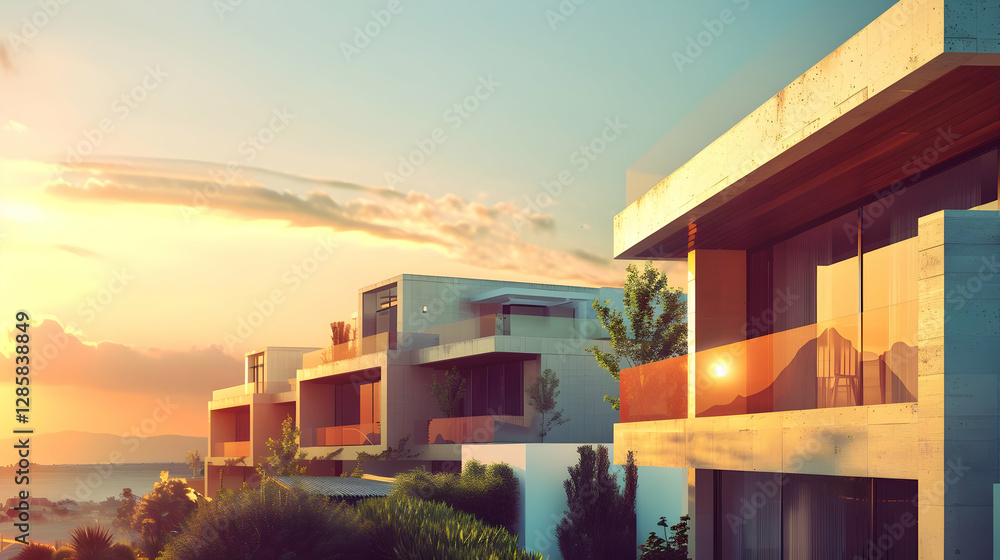 Modern hillside villas basking in sunset glow with lush greenery and distant mountains Modern hillside villas basking in sunset glow with lush greenery and distant mountains