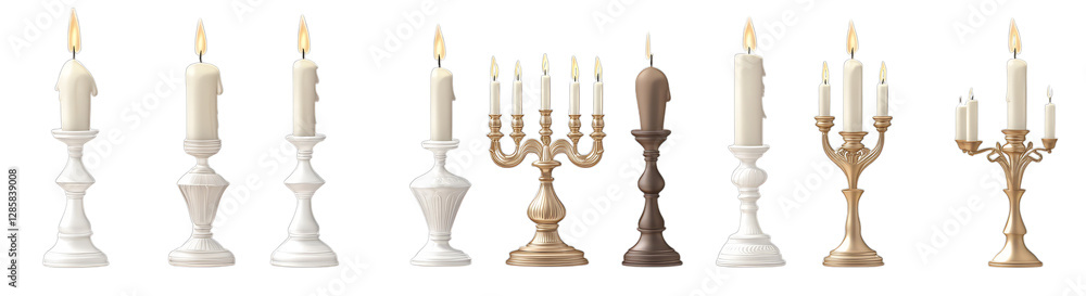Elegant candleholders with lit candles in varied designs and colors Elegant candleholders with lit candles in varied designs and colors