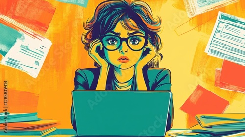 Concerned Individual in Business Suit Gazing at Laptop Surrounded by Colorful Papers Illustrating Modern Work Environment Challenges