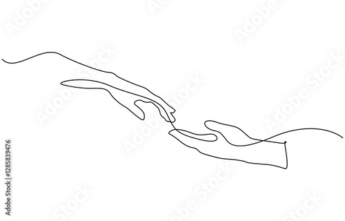Single line drawing of romantic or helping concept, Two hands reaching out towards each other drawn by continuous one line. Continuous one line drawing of hands holding each other.
