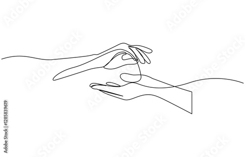 Single line drawing of romantic or helping concept, Two hands reaching out towards each other drawn by continuous one line. Continuous one line drawing of hands holding each other.