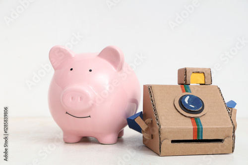 Piggy bank with paper camer...