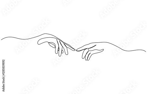 Single line drawing of romantic or helping concept, Two hands reaching out towards each other drawn by continuous one line. Continuous one line drawing of hands holding each other.