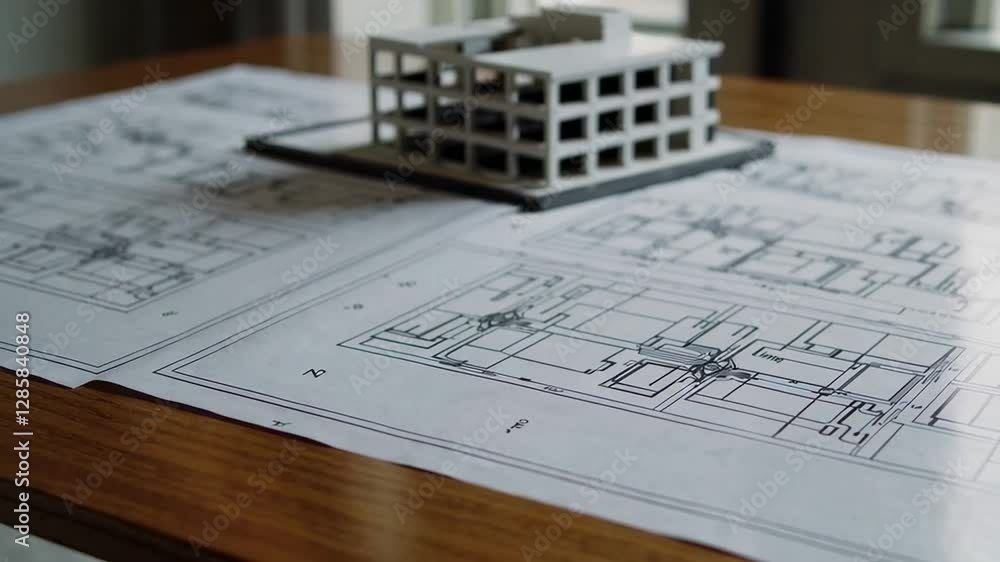 Architectural plans spread on wooden table showing plumbing and electrical layouts with miniature building model casting a shadow, in slow motion Architectural plans spread on wooden table showing plumbing and electrical layouts with miniature building model casting a shadow, in slow motion