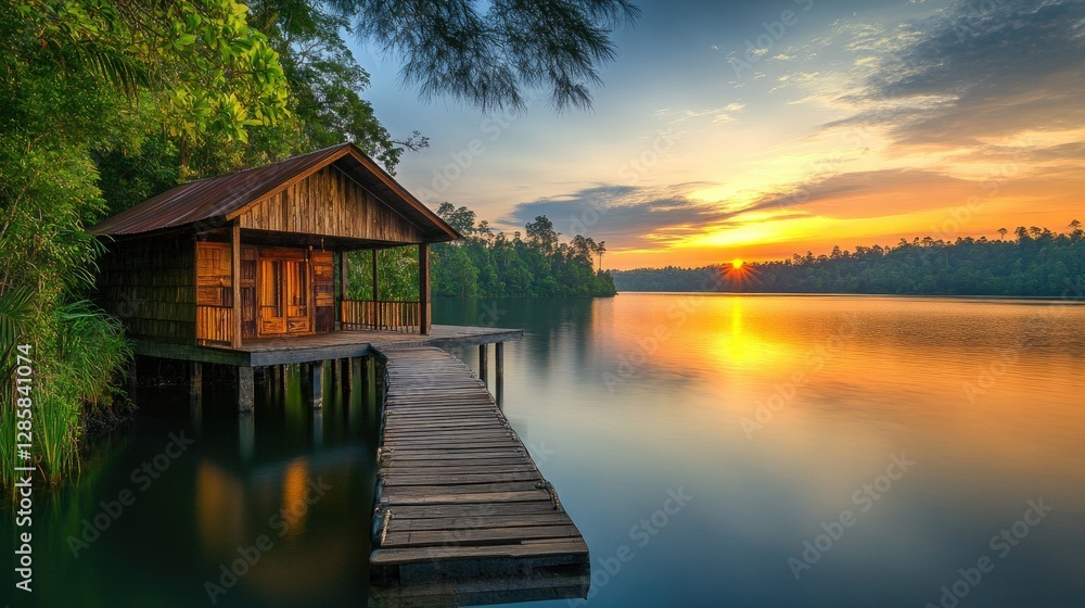 Fototapeta premium Serene Sunset over Lake and Wooden Cabin