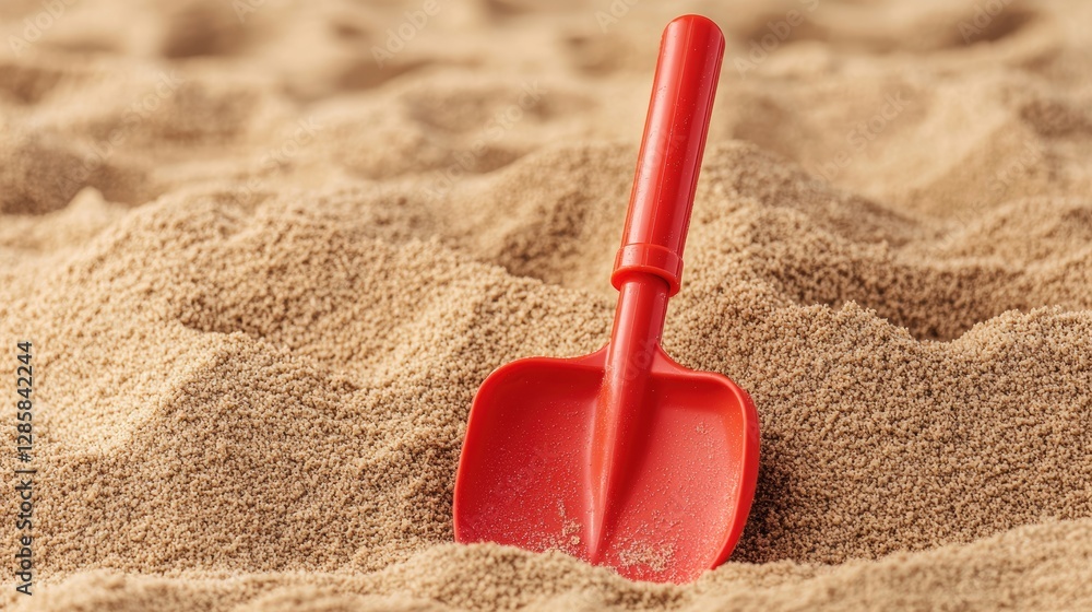 Red Plastic Shovel on Sandy Beach with Fine Grain Texture and Warm Summer Vibe Red Plastic Shovel on Sandy Beach with Fine Grain Texture and Warm Summer Vibe