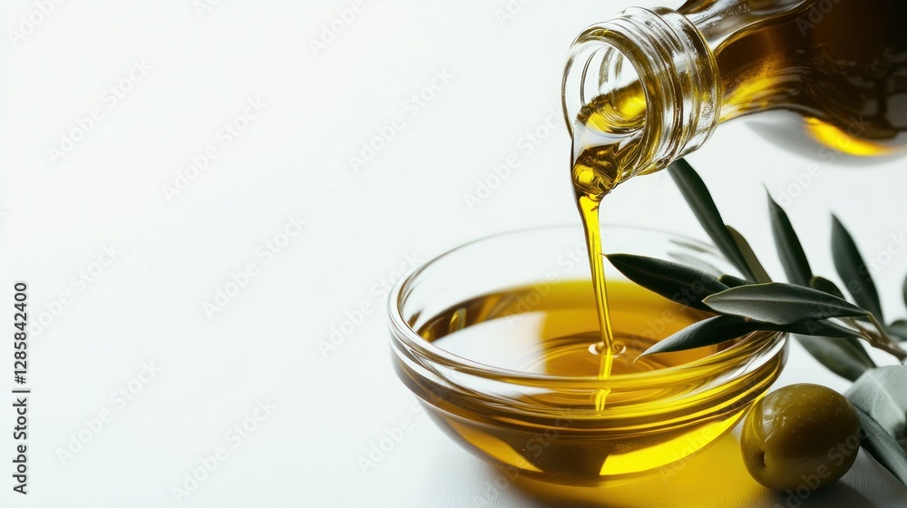 Olive oil pouring into glass bowl, white background, olive branches Olive oil pouring into glass bowl, white background, olive branches