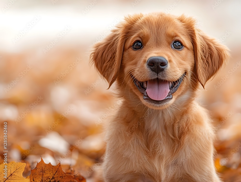 Joyful Golden Retriever Puppy Surrounded by Radiant Autumn Leaves on Warm White Setup Joyful Golden Retriever Puppy Surrounded by Radiant Autumn Leaves on Warm White Setup