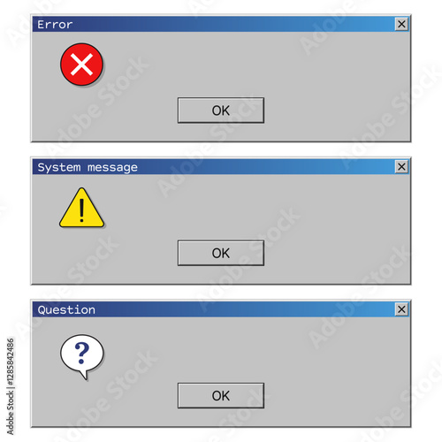 Retro user interface window. System information messages. Vector Illustration.