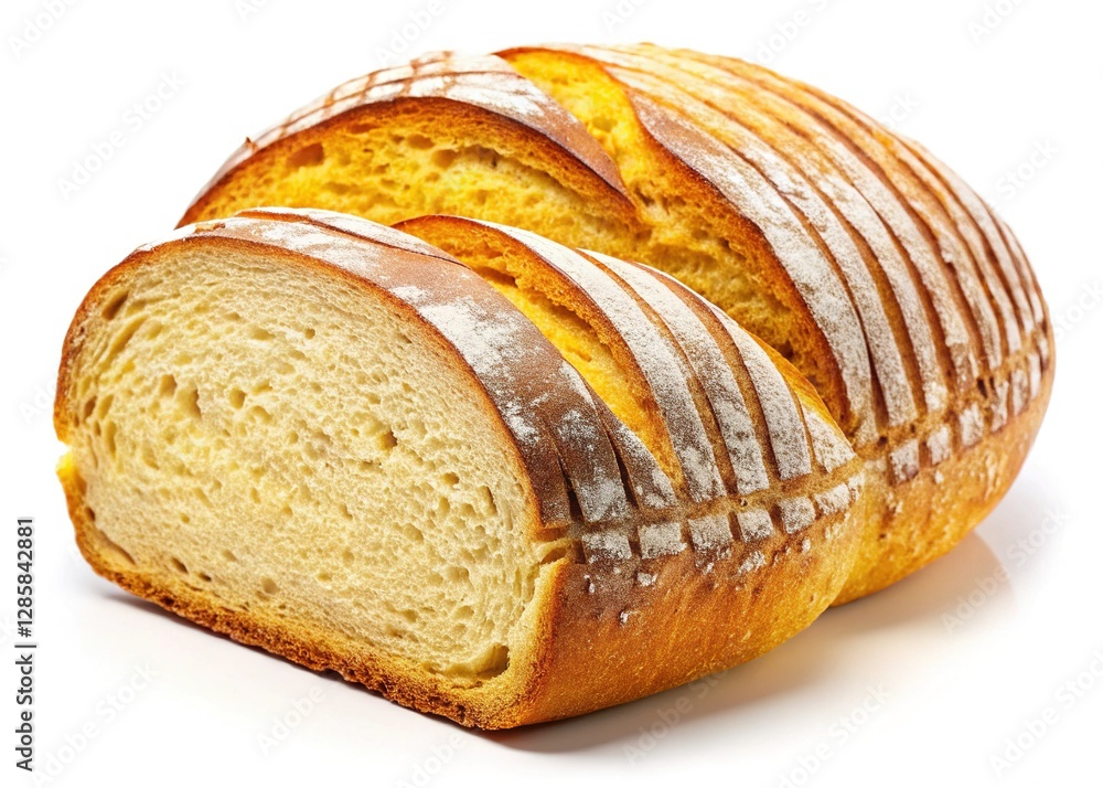 Freshly Sliced Loaf of Bread Isolated on White Background - Perfect for Baking and Food Photography Freshly Sliced Loaf of Bread Isolated on White Background - Perfect for Baking and Food Photography