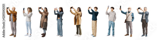 Large group of ordinary people taking photos with smartphones