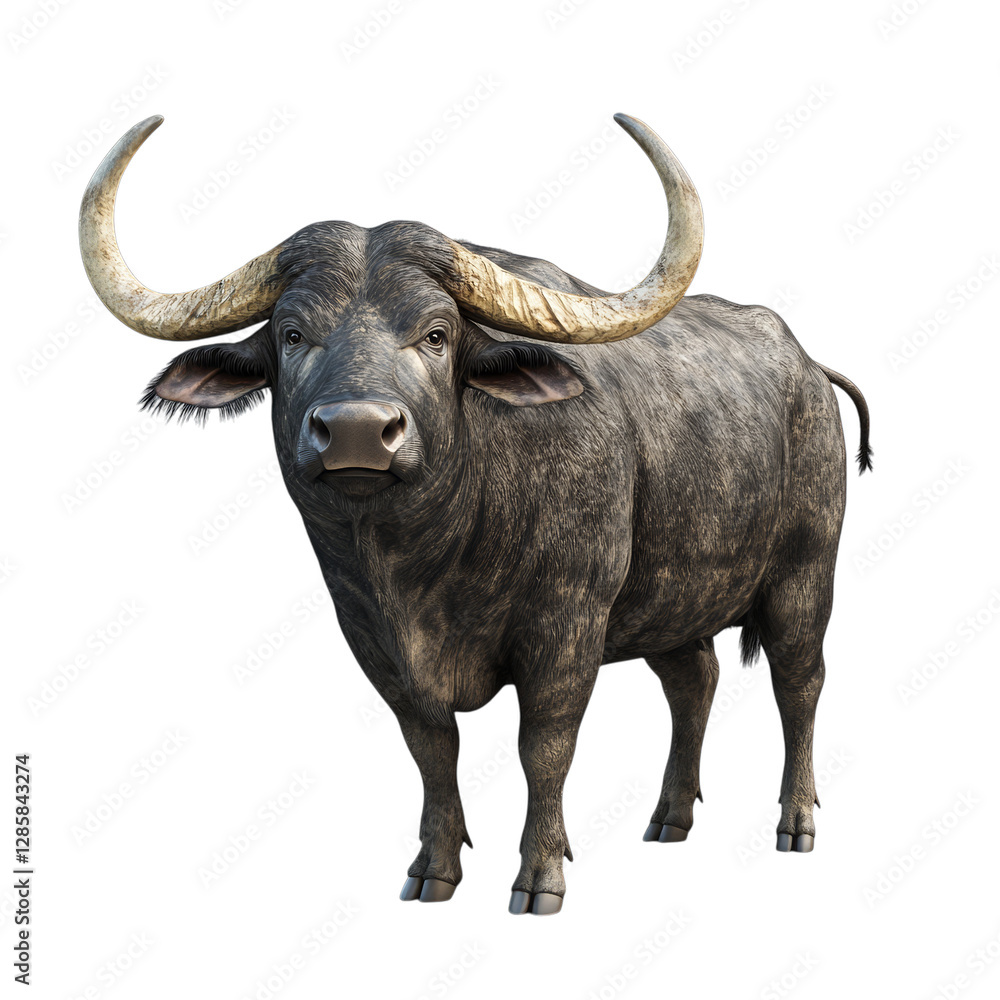 Majestic african water buffalo with large curved horns standing against transparent background Majestic african water buffalo with large curved horns standing against transparent background