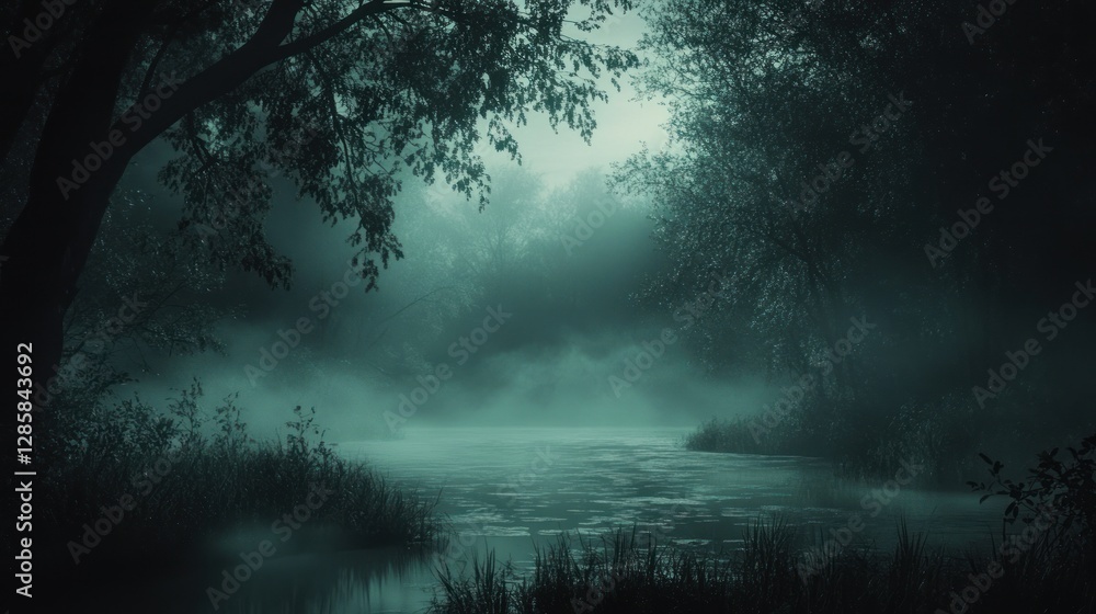 Misty Evening at a Serene Riverbank Surrounded by Lush Trees and Fog Misty Evening at a Serene Riverbank Surrounded by Lush Trees and Fog