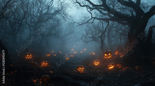 Spooky Halloween Night in Creepy Forest with Glowing Jack-o'-Lanterns