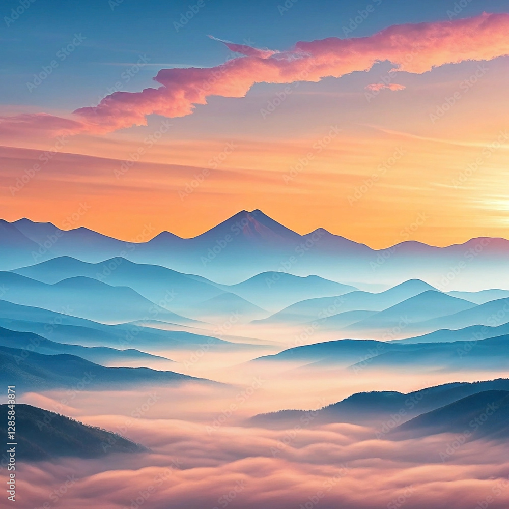 Majestic sunrise over layered misty mountains. Majestic sunrise over layered misty mountains.