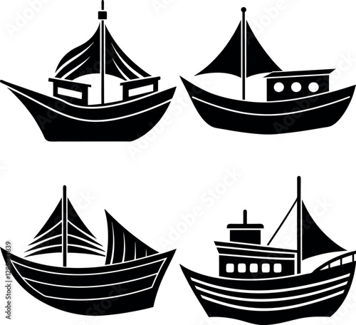 Stylized Boat Silhouette Vector Icon Set Nautical & Marine Theme.