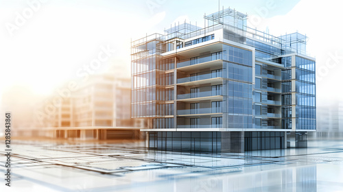 Modern architectural design of a multi-story building under construction with scaffolding