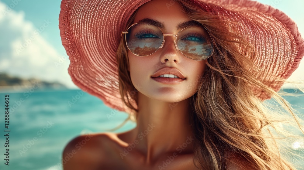 Woman wearing a pink hat and sunglasses is smiling at the camera. She is standing on a beach near the water