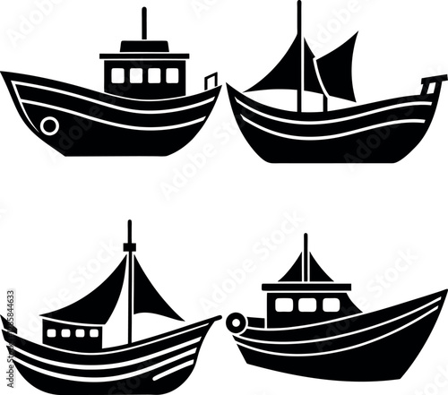 Stylized Boat Silhouette Vector Icon Set Nautical & Marine Theme.