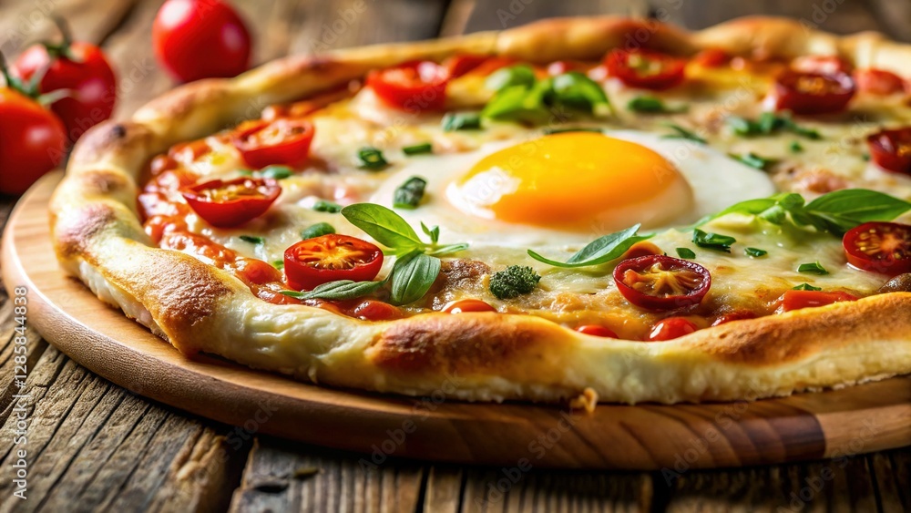Gourmet Egg Yolk Pizza - Delicious Breakfast Pizza Recipe Stock Photo Gourmet Egg Yolk Pizza - Delicious Breakfast Pizza Recipe Stock Photo
