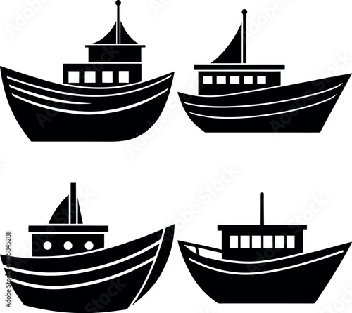 Stylized Boat Silhouette Vector Icon Set Nautical & Marine Theme.