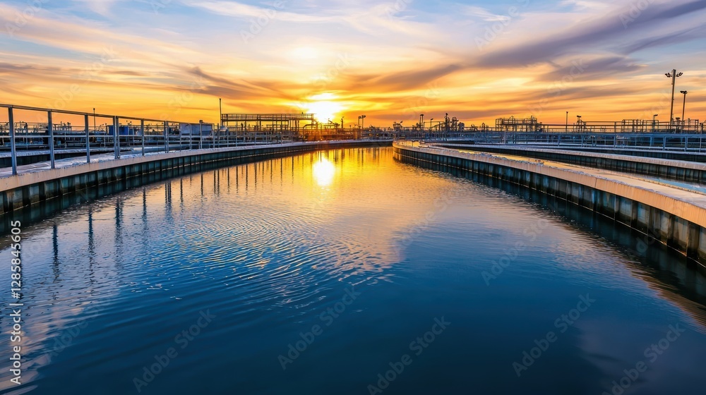 Fototapeta premium Serene Sunset Reflection Over Water Treatment Facility with Circular Lagoons and Vibrant Colors