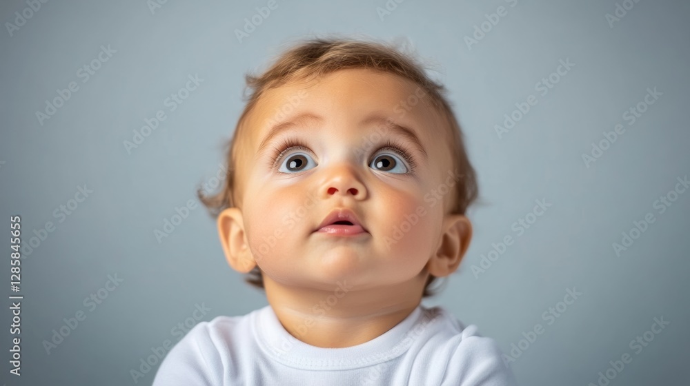 Baby with a surprised expression on his face. The baby is looking up at the camera. Concept of curiosity and wonder Baby with a surprised expression on his face. The baby is looking up at the camera. Concept of curiosity and wonder