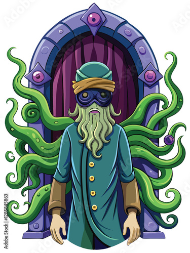 A blindfolded, cloaked prophet with stitched lips stands silently, emanating an aura of mystery and foreboding.  The texture of the clothing and the stitching are highly detailed.