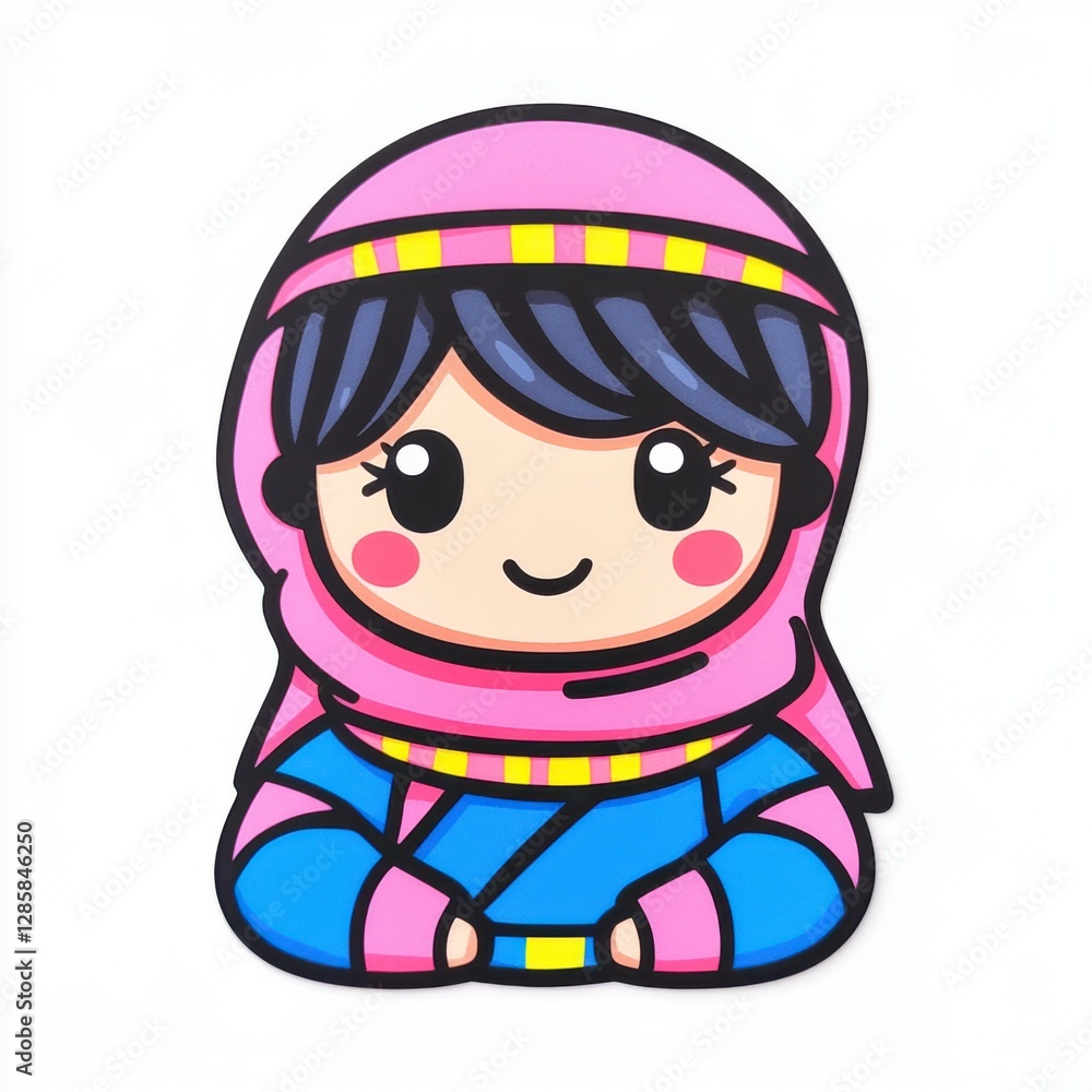 Cute Cartoon Character in Colorful Headscarf with Bright Smile for Creative Illustrations and Designs Cute Cartoon Character in Colorful Headscarf with Bright Smile for Creative Illustrations and Designs