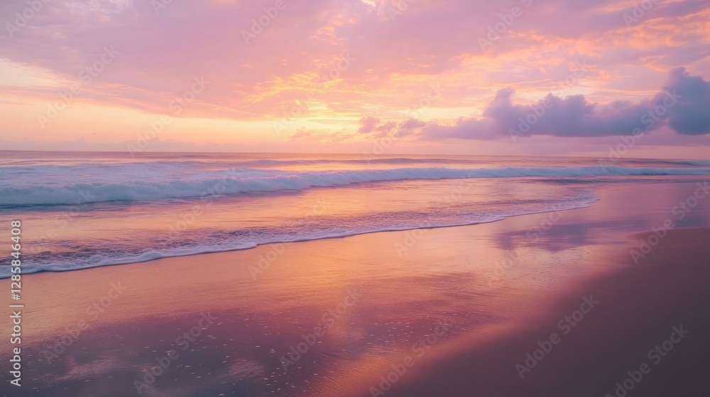 Serene Sunset Over Tranquil Beach: Soft Waves and Colorful Sky Reflection Serene Sunset Over Tranquil Beach: Soft Waves and Colorful Sky Reflection