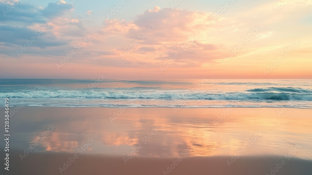 Tranquil Beach Landscape at Sunset with Soft Waves and Colorful Skies Tranquil Beach Landscape at Sunset with Soft Waves and Colorful Skies