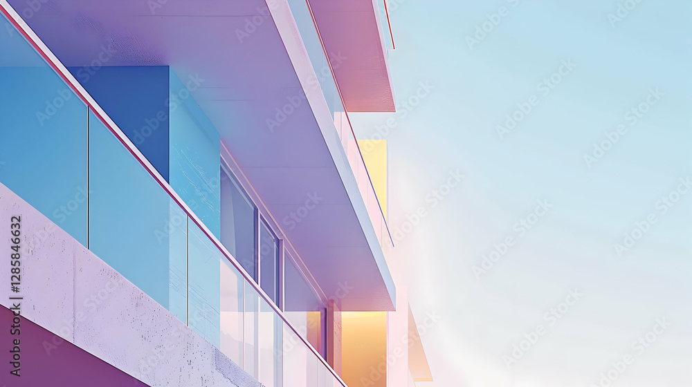 Obraz premium Modern architectural design featuring colorful balconies against a pastel sky at sunset