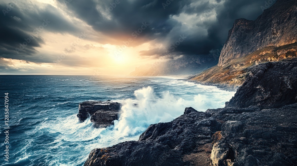 Dramatic Sunset Over Rugged Coastal Cliffs with Turbulent Waves and Dark Clouds Dramatic Sunset Over Rugged Coastal Cliffs with Turbulent Waves and Dark Clouds