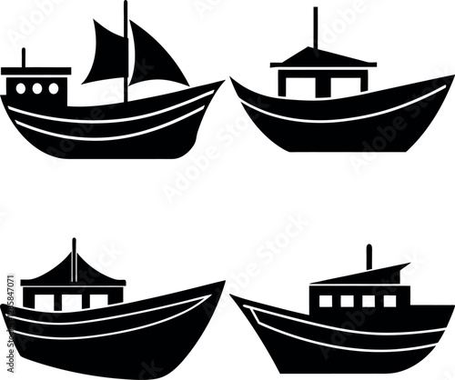 Stylized Boat Silhouette Vector Icon Set Nautical & Marine Theme.