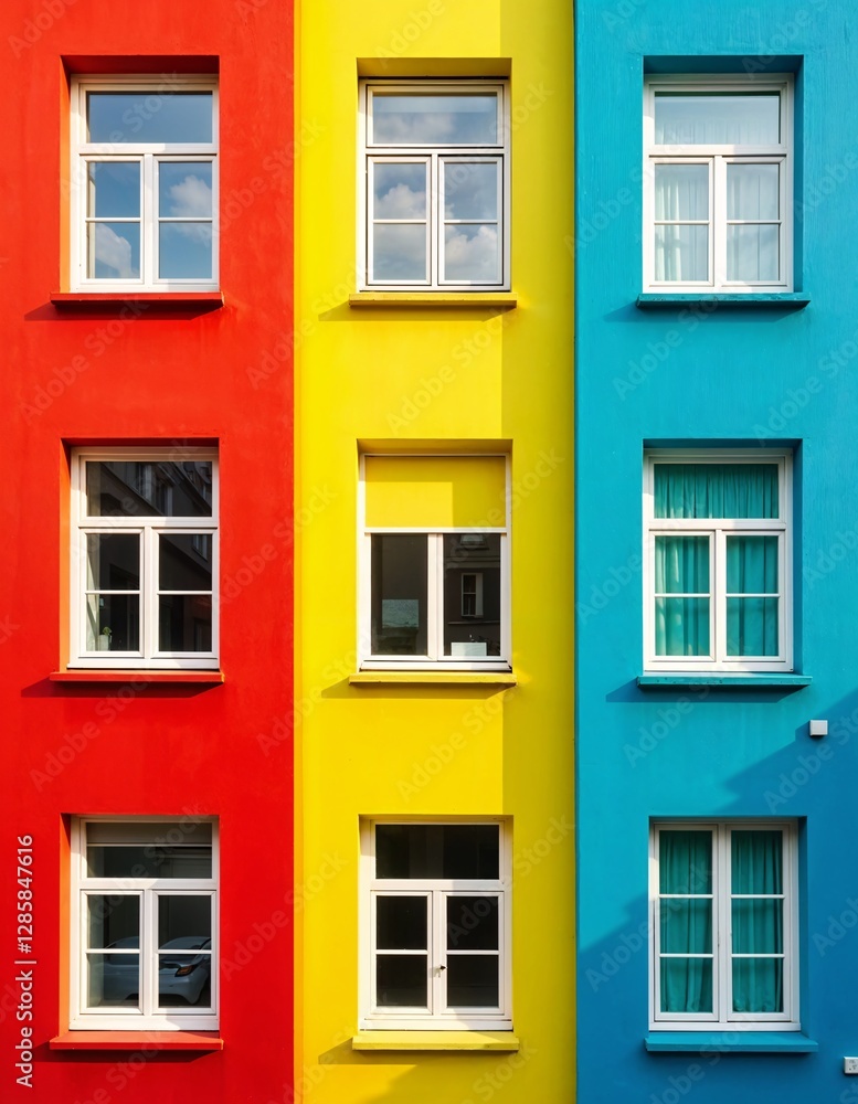 Colorful Building Façade with Symmetrical Windows, Vibrant Red, Yellow, Green, Blue Stripes, Modern Architectural Design, Urban Aesthetic Photography Colorful Building Façade with Symmetrical Windows, Vibrant Red, Yellow, Green, Blue Stripes, Modern Architectural Design, Urban Aesthetic Photography