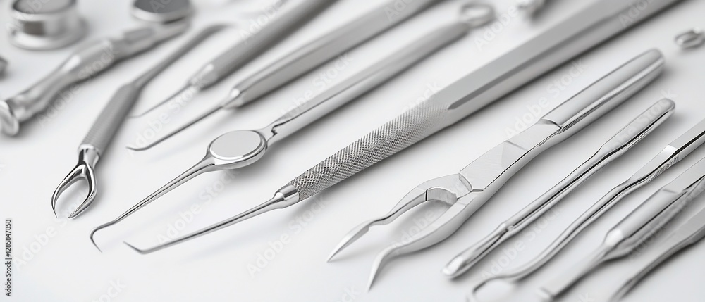 Sterile dental tools arranged on white surface, close-up Sterile dental tools arranged on white surface, close-up